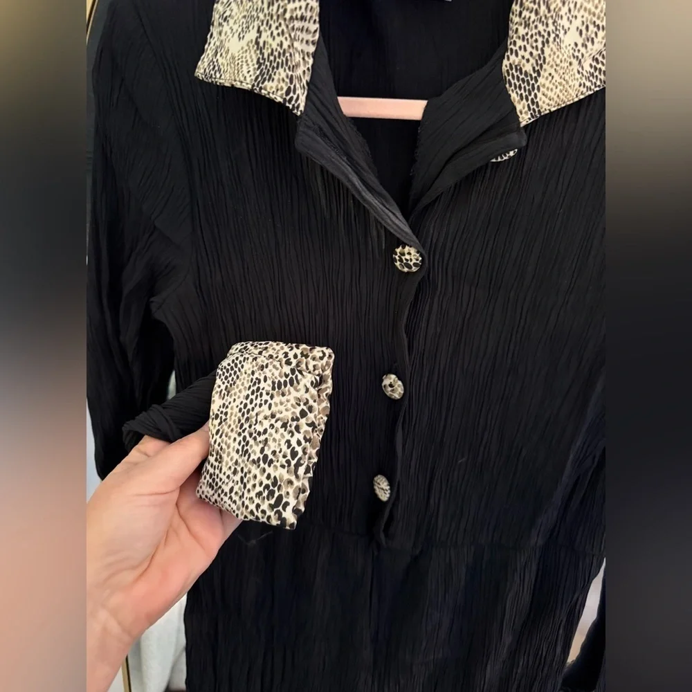 Vintage Visage  Black Crinkle Material Jumpsuit with Animal Pritn Trim